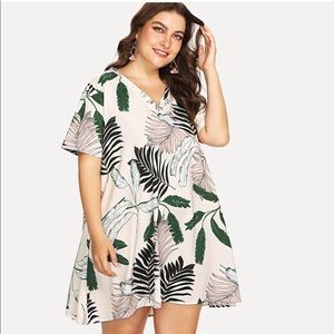 Plus V Neck Palm Print Dress